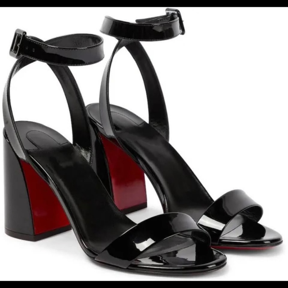 Black Patent Faux Leather Sandals with Block Heel Red underneath